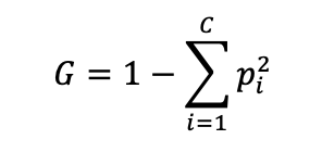 Gini impurity: G = 1 minus the sum over the C classes of p_i squared