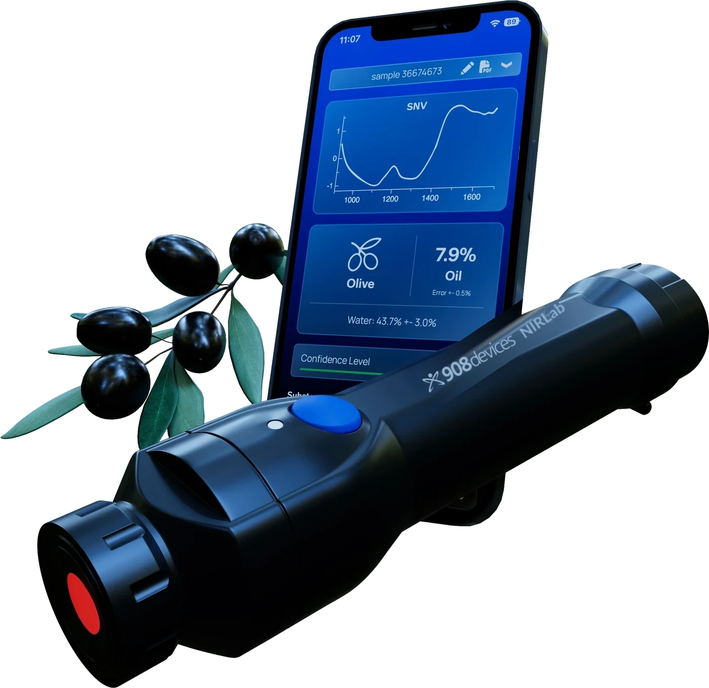 Handheld NIR spectrometer and mobile app showing an olive oil analysis