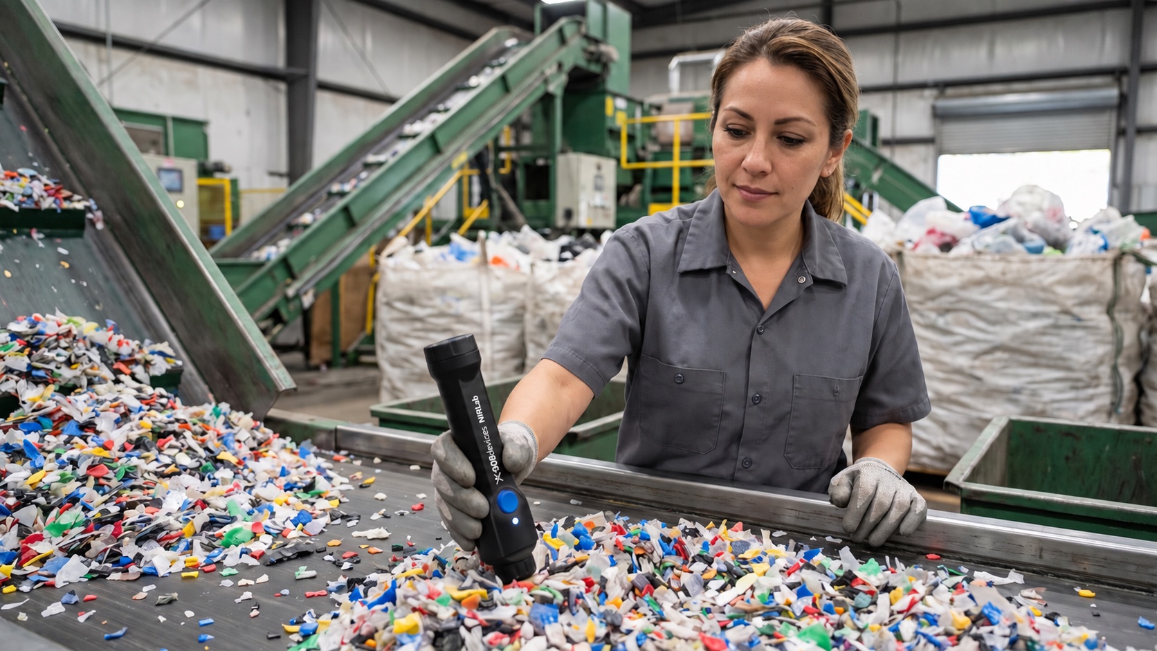 Recycling plant operator scanning shredded plastic flakes with the NIRStudio handheld NIR device